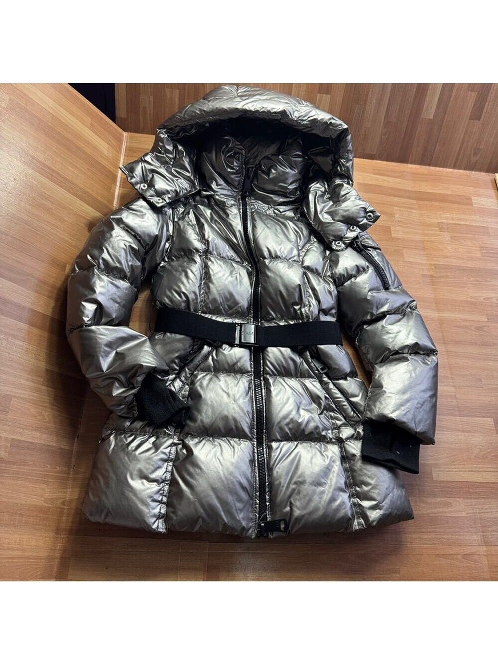 SAM. Girls' Soho belted down puffer jacket in a gunmetal/silver size 10